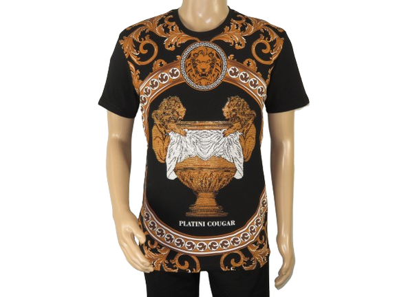 Mens PLATINI Sports Shirt With Rhine Stones Lion Medallion Chain SS3560 Black