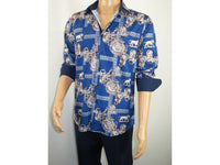 Men Sports Shirt by DE-NIKO Long Sleeves Fashion Print Soft Modal DSA125 Navy