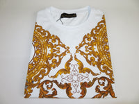 Men LAVERITA European Fashion Crew Shirt Rhine Stones Floral 93370 White